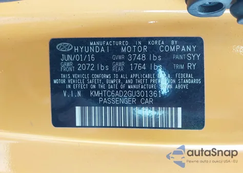 2016 Hyundai Veloster z USA, uszkodzony, nr VIN KMHTC6AD2GU301361